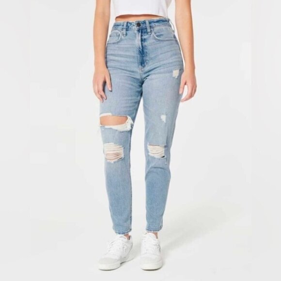 Hollister-Curvy High-Rise Ripped Mom Jeans-Light Medium Ripped Wash-00R/24W. NWT - Picture 8 of 12